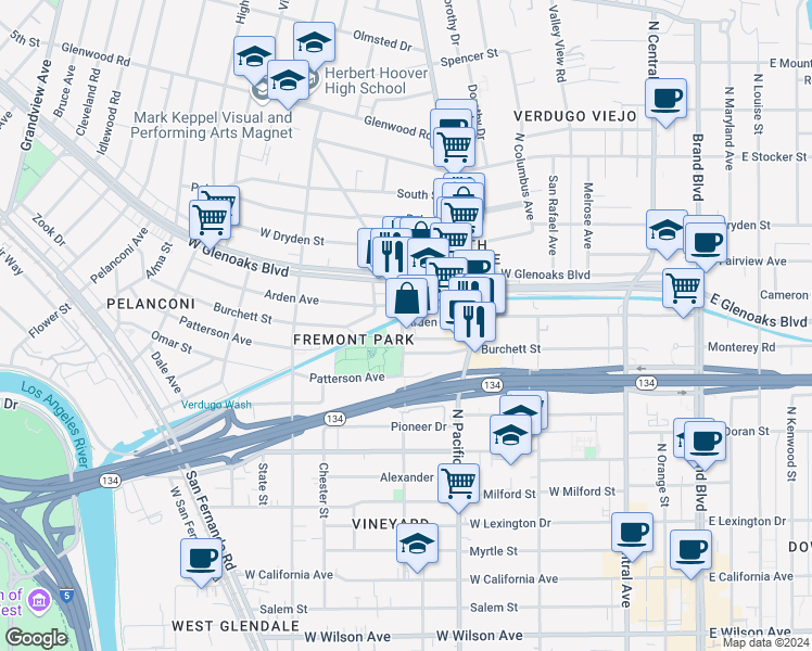map of restaurants, bars, coffee shops, grocery stores, and more near 888 North Kenilworth Avenue in Glendale