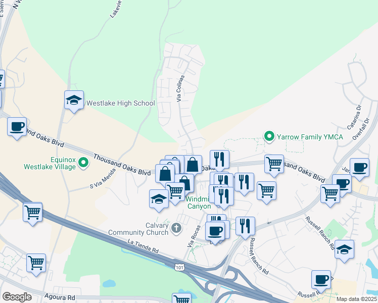map of restaurants, bars, coffee shops, grocery stores, and more near 123 Via Colinas in Thousand Oaks