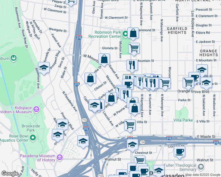 map of restaurants, bars, coffee shops, grocery stores, and more near 131 Carlton Avenue in Pasadena