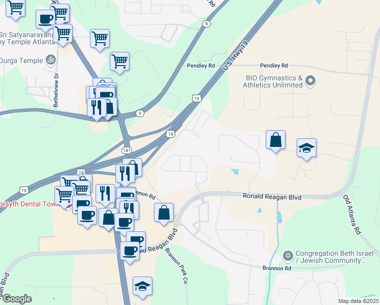 map of restaurants, bars, coffee shops, grocery stores, and more near 3210 Steinbeck Street in Cumming