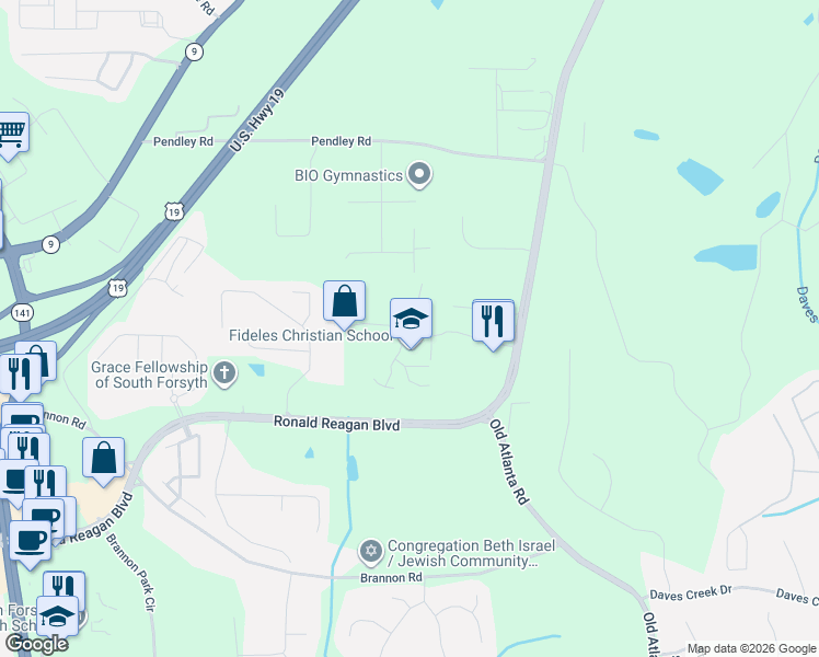 map of restaurants, bars, coffee shops, grocery stores, and more near 1298 Oak Industrial Ln in Cumming