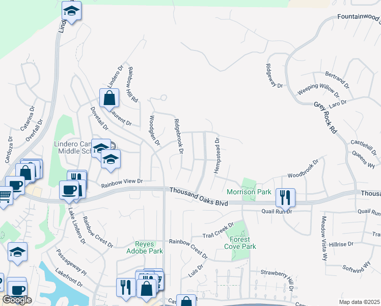 map of restaurants, bars, coffee shops, grocery stores, and more near 5825 Green Meadow Drive in Agoura Hills
