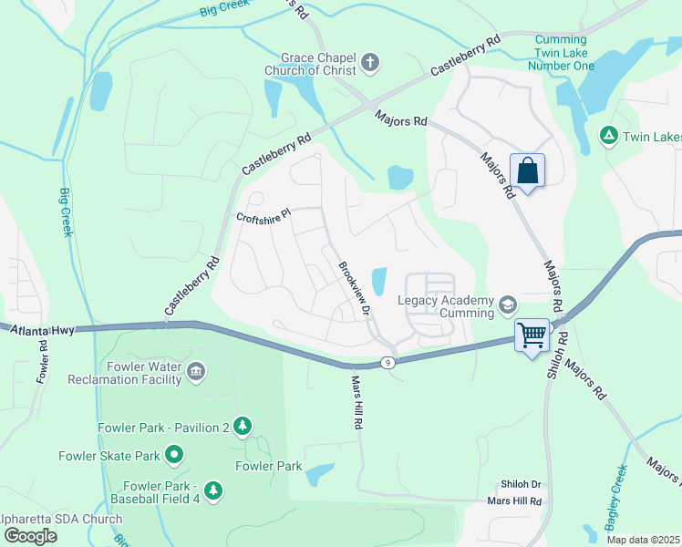 map of restaurants, bars, coffee shops, grocery stores, and more near 4105 Brookview Drive in Cumming