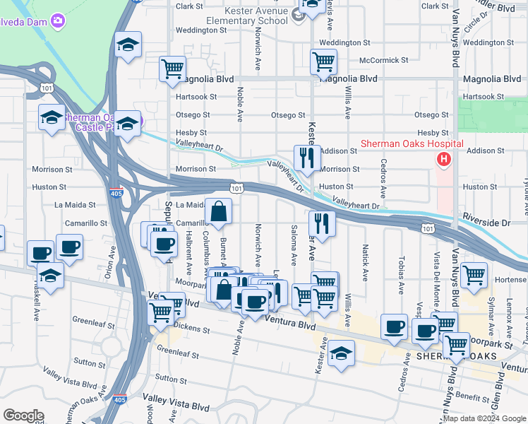 map of restaurants, bars, coffee shops, grocery stores, and more near 4818 Norwich Avenue in Los Angeles