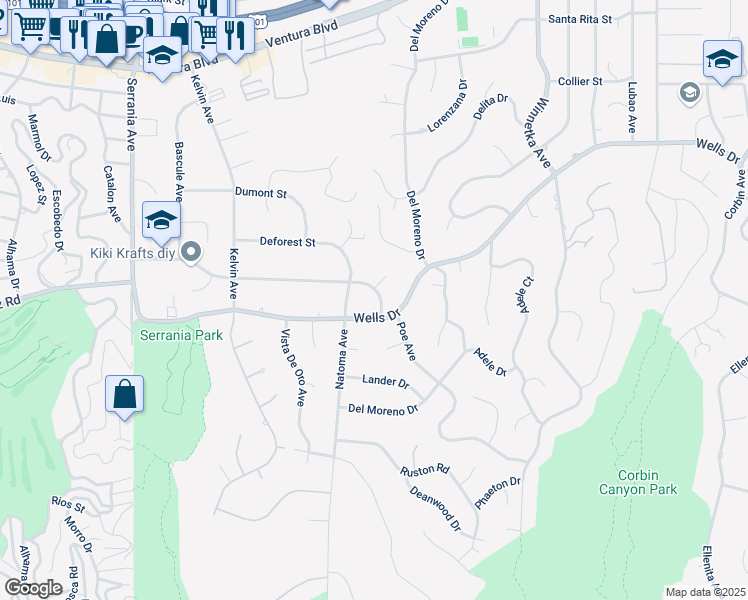 map of restaurants, bars, coffee shops, grocery stores, and more near 4819 Poe Avenue in Los Angeles