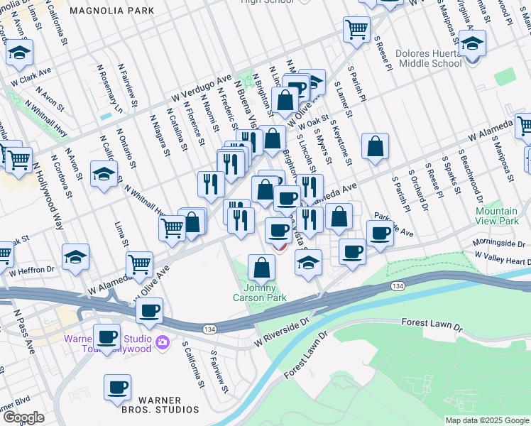 map of restaurants, bars, coffee shops, grocery stores, and more near 2600 West Alameda Avenue in Burbank