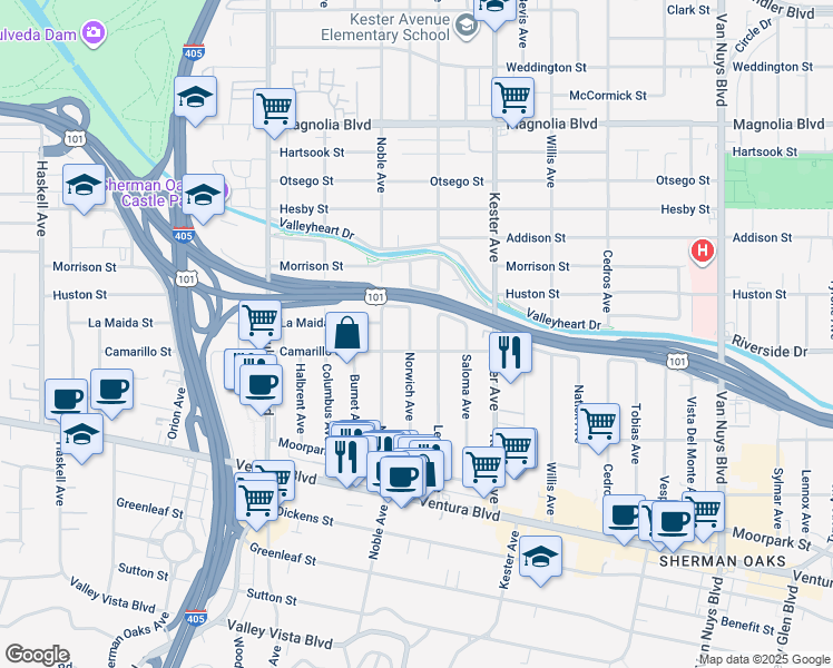 map of restaurants, bars, coffee shops, grocery stores, and more near 4818 Norwich Avenue in Los Angeles
