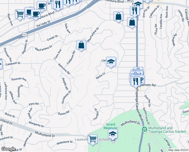 map of restaurants, bars, coffee shops, grocery stores, and more near 4969 Llano Drive in Los Angeles