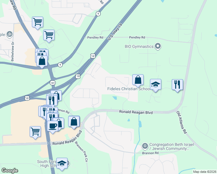 map of restaurants, bars, coffee shops, grocery stores, and more near 3335 Southwick Drive in Cumming