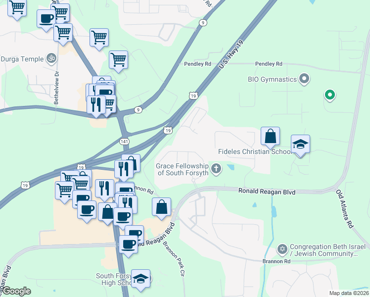 map of restaurants, bars, coffee shops, grocery stores, and more near 3220 Steinbeck Street in Cumming