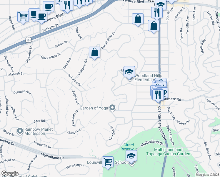map of restaurants, bars, coffee shops, grocery stores, and more near 4969 Llano Drive in Los Angeles