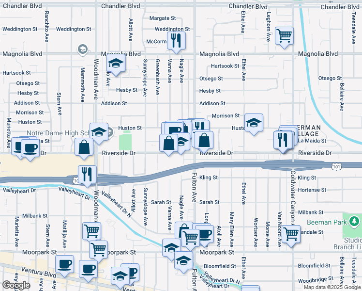 map of restaurants, bars, coffee shops, grocery stores, and more near 13351 Riverside Drive in Los Angeles