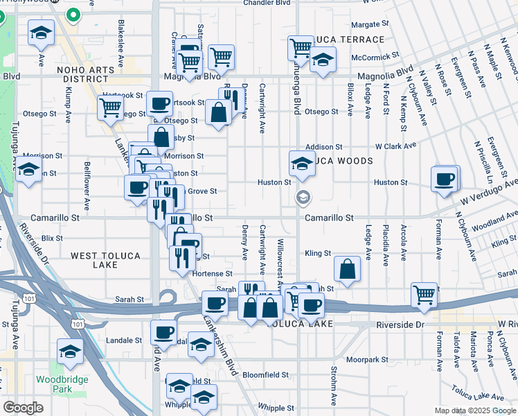 map of restaurants, bars, coffee shops, grocery stores, and more near 10707 Camarillo Street in Los Angeles