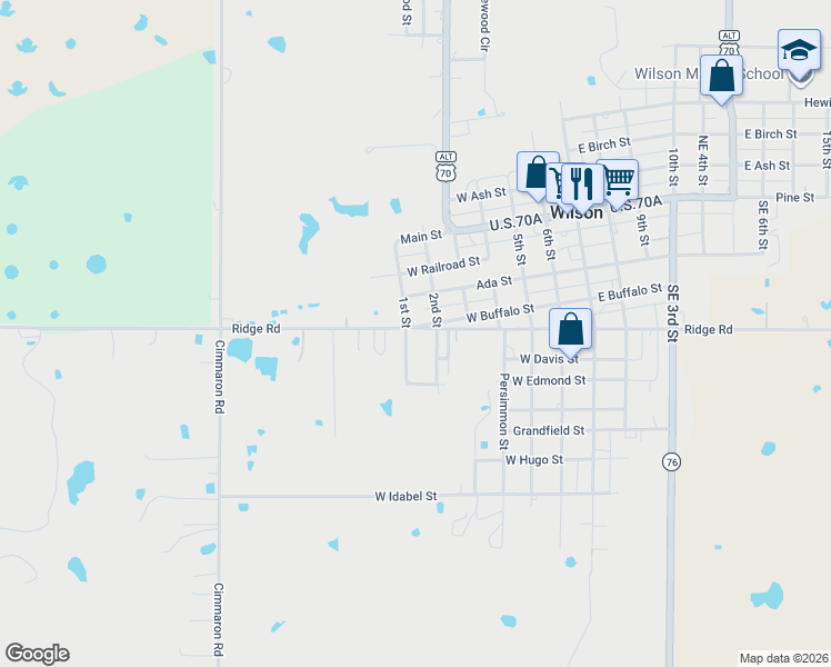 map of restaurants, bars, coffee shops, grocery stores, and more near 401-699 1st Street in Wilson