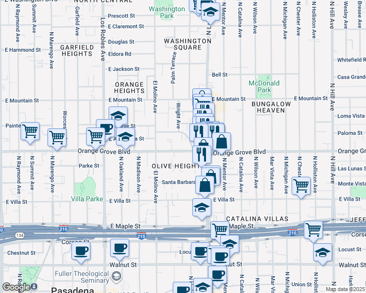 map of restaurants, bars, coffee shops, grocery stores, and more near 761 East Orange Grove Boulevard in Pasadena