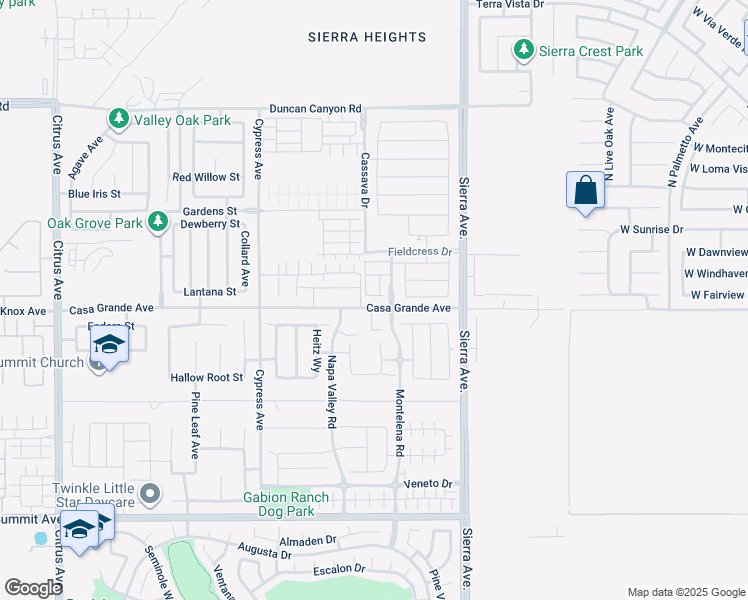 map of restaurants, bars, coffee shops, grocery stores, and more near 16657 Snowdrop Lane in Fontana
