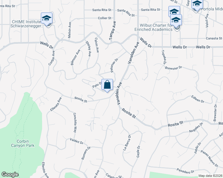map of restaurants, bars, coffee shops, grocery stores, and more near 19314 Olivios Drive in Los Angeles