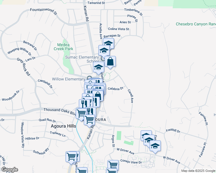 map of restaurants, bars, coffee shops, grocery stores, and more near 28915 Calabria Drive in Agoura Hills