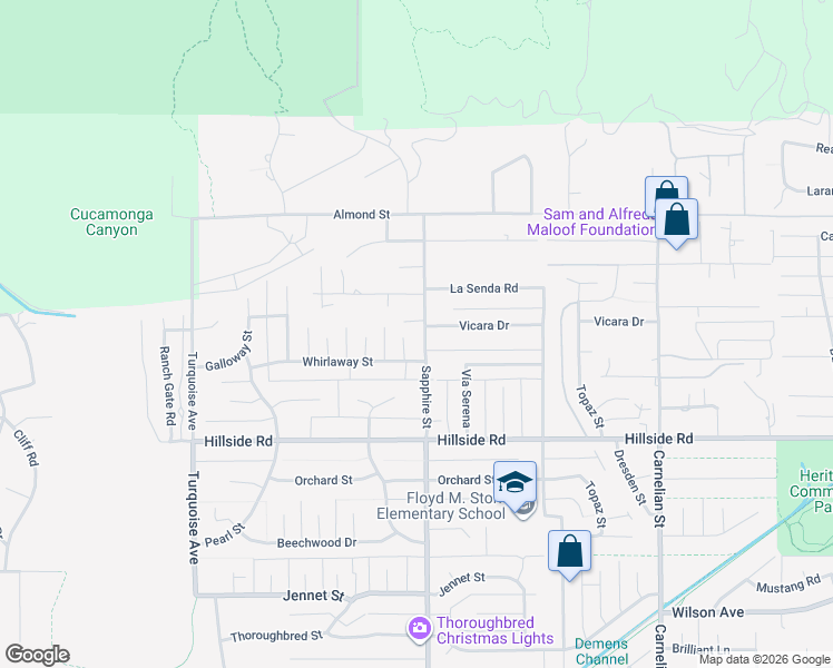 map of restaurants, bars, coffee shops, grocery stores, and more near 5327 Aquamarine Avenue in Rancho Cucamonga