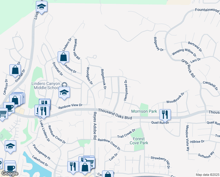 map of restaurants, bars, coffee shops, grocery stores, and more near 5825 Green Meadow Drive in Agoura Hills