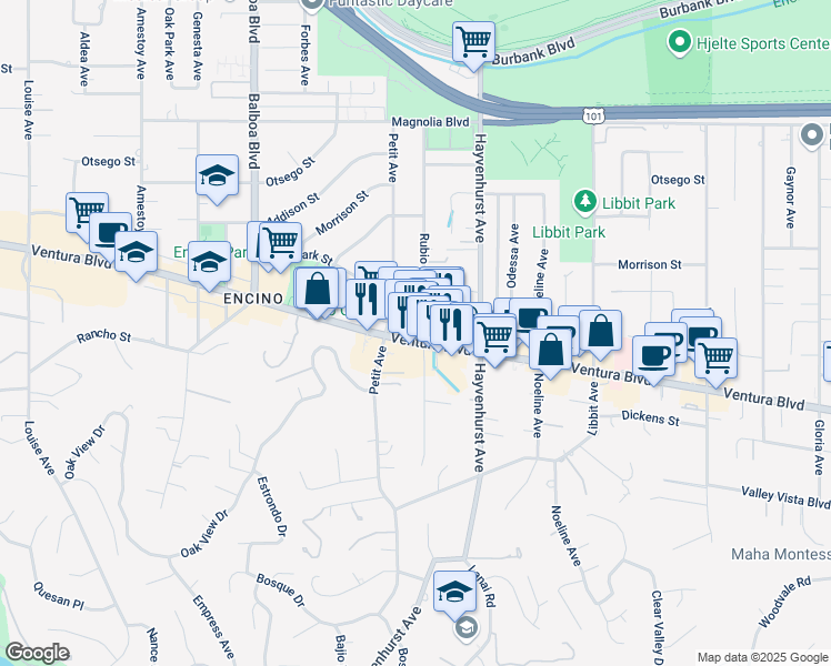map of restaurants, bars, coffee shops, grocery stores, and more near 16624 Ventura Boulevard in Los Angeles