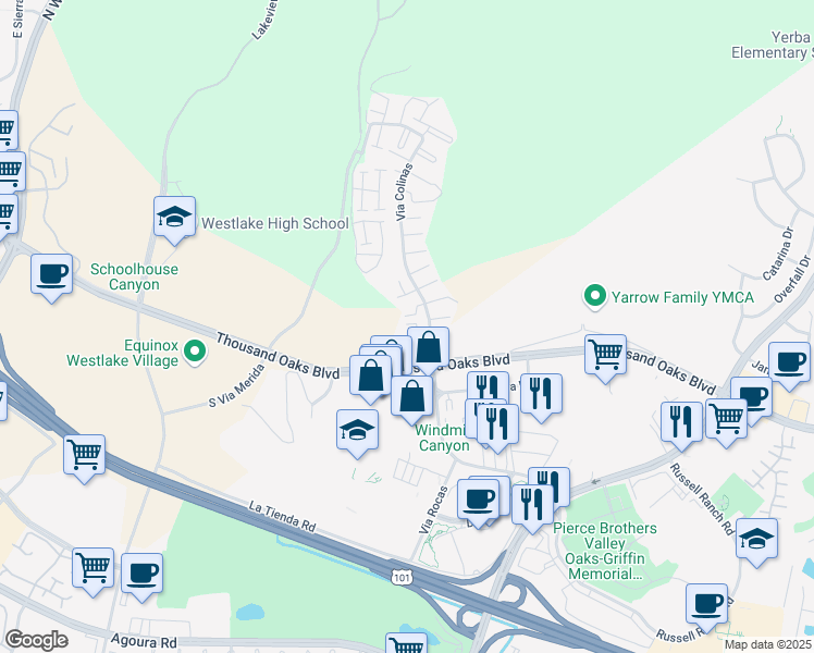 map of restaurants, bars, coffee shops, grocery stores, and more near 31312 Via Colinas in Westlake Village