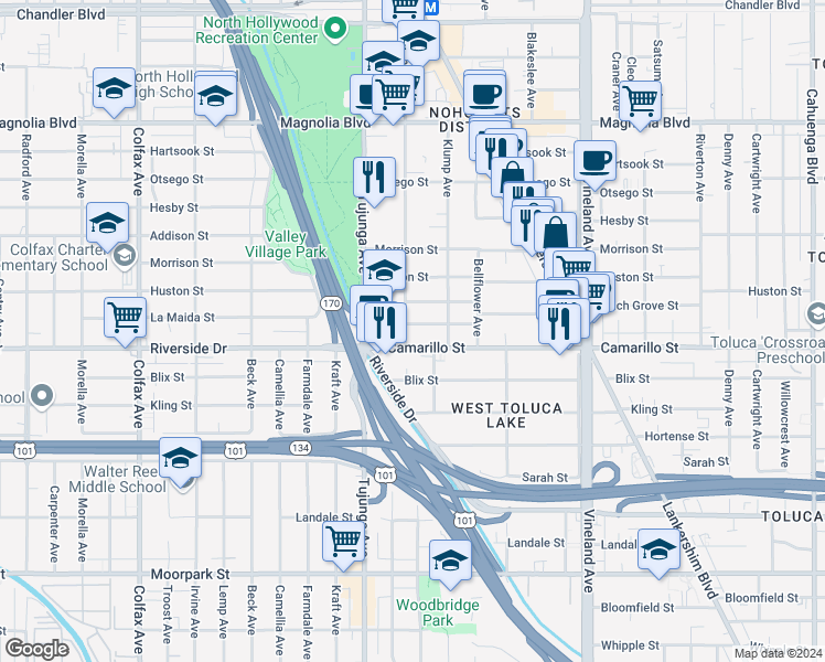 map of restaurants, bars, coffee shops, grocery stores, and more near 11280 La Maida Street in Los Angeles