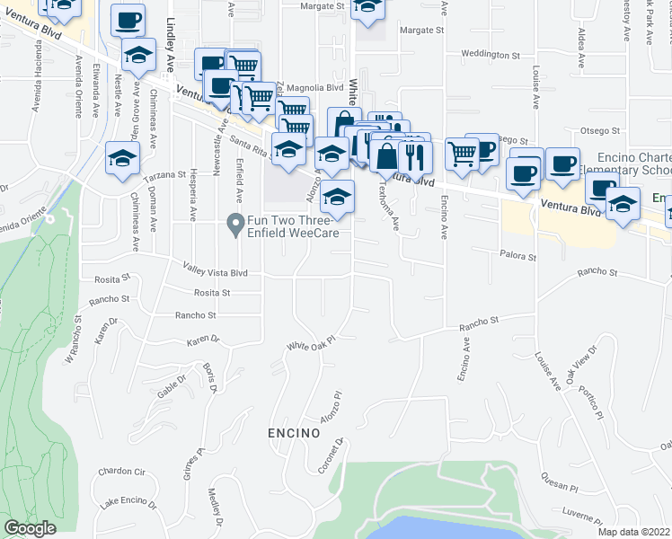 map of restaurants, bars, coffee shops, grocery stores, and more near 17721 Valley Vista Boulevard in Los Angeles