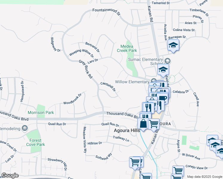 map of restaurants, bars, coffee shops, grocery stores, and more near 29344 Castlehill Drive in Agoura Hills