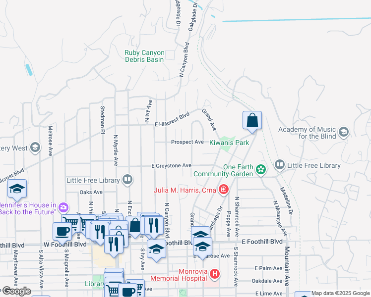 map of restaurants, bars, coffee shops, grocery stores, and more near 332 Hill Street in Monrovia