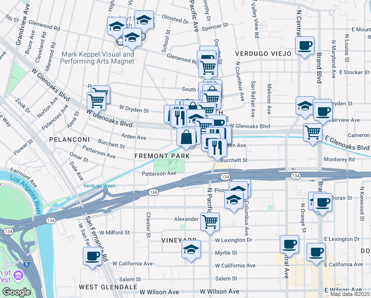 map of restaurants, bars, coffee shops, grocery stores, and more near 888 North Kenilworth Avenue in Glendale