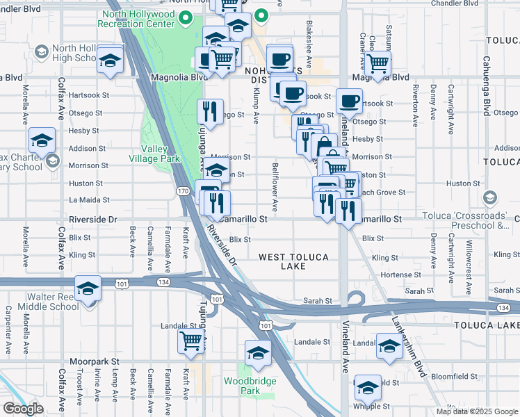 map of restaurants, bars, coffee shops, grocery stores, and more near 11226 La Maida Street in Los Angeles