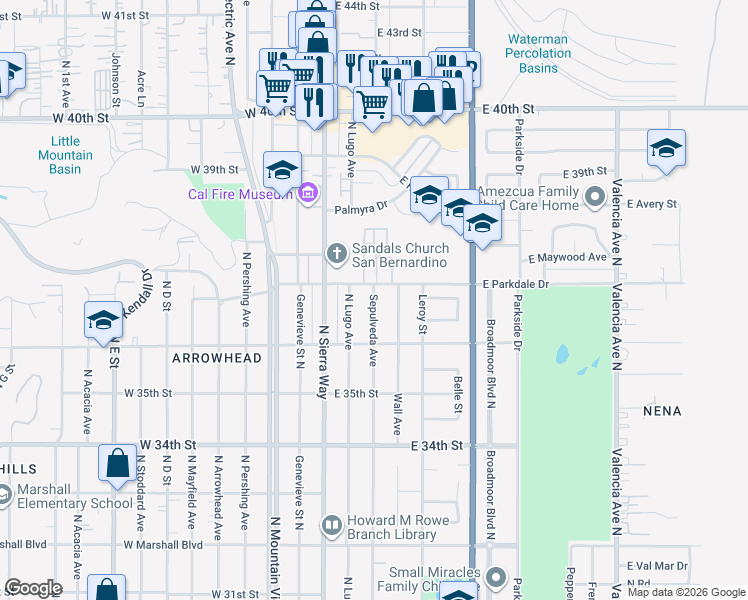 map of restaurants, bars, coffee shops, grocery stores, and more near 3672 North Sepulveda Avenue in San Bernardino