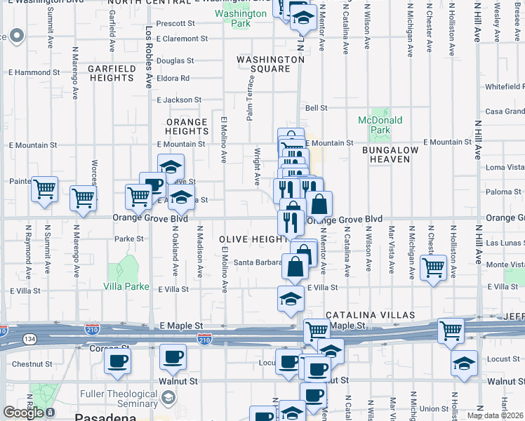 map of restaurants, bars, coffee shops, grocery stores, and more near 761 East Orange Grove Boulevard in Pasadena