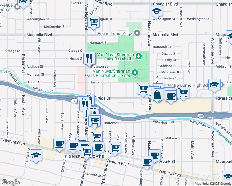 map of restaurants, bars, coffee shops, grocery stores, and more near 4817 Tyrone Avenue in Los Angeles