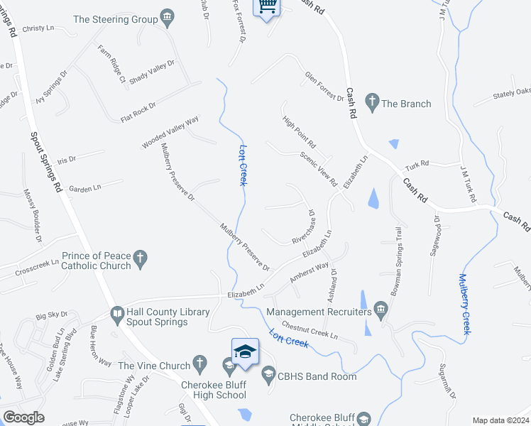 map of restaurants, bars, coffee shops, grocery stores, and more near 5533 Rolling Mist Court in Flowery Branch