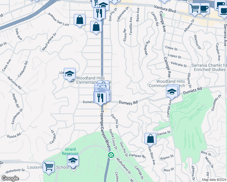 map of restaurants, bars, coffee shops, grocery stores, and more near 4944 Don Pio Drive in Los Angeles
