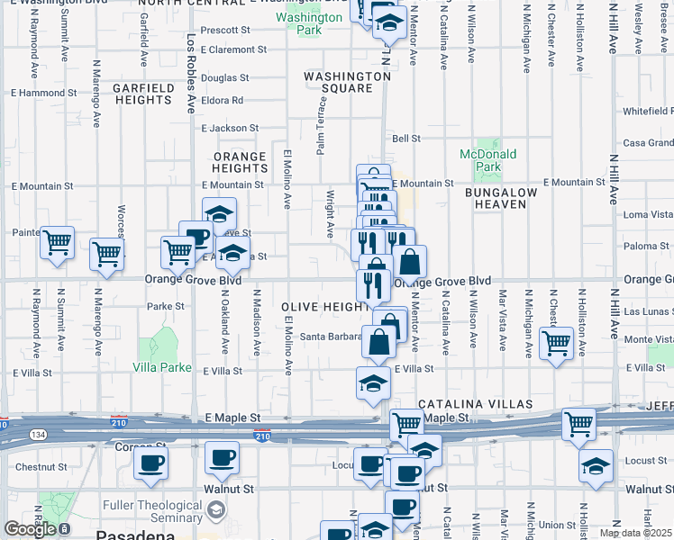 map of restaurants, bars, coffee shops, grocery stores, and more near 795 East Orange Grove Boulevard in Pasadena