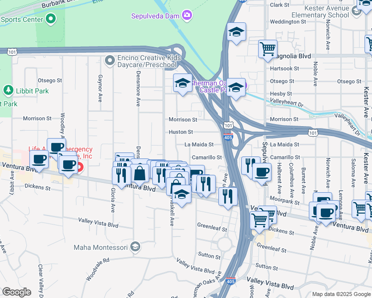 map of restaurants, bars, coffee shops, grocery stores, and more near 4777 Firmament Avenue in Los Angeles