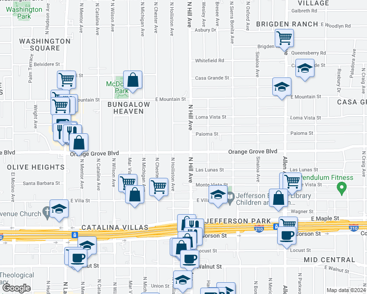 map of restaurants, bars, coffee shops, grocery stores, and more near in Pasadena
