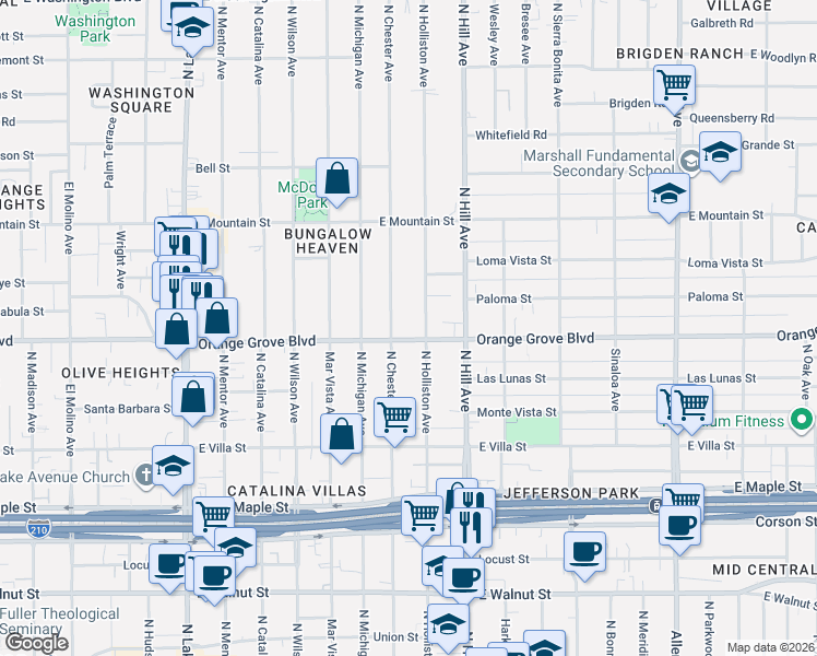 map of restaurants, bars, coffee shops, grocery stores, and more near in Pasadena