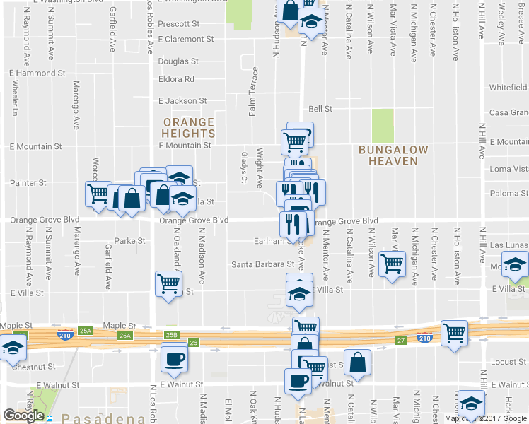 map of restaurants, bars, coffee shops, grocery stores, and more near 795 East Orange Grove Boulevard in Pasadena