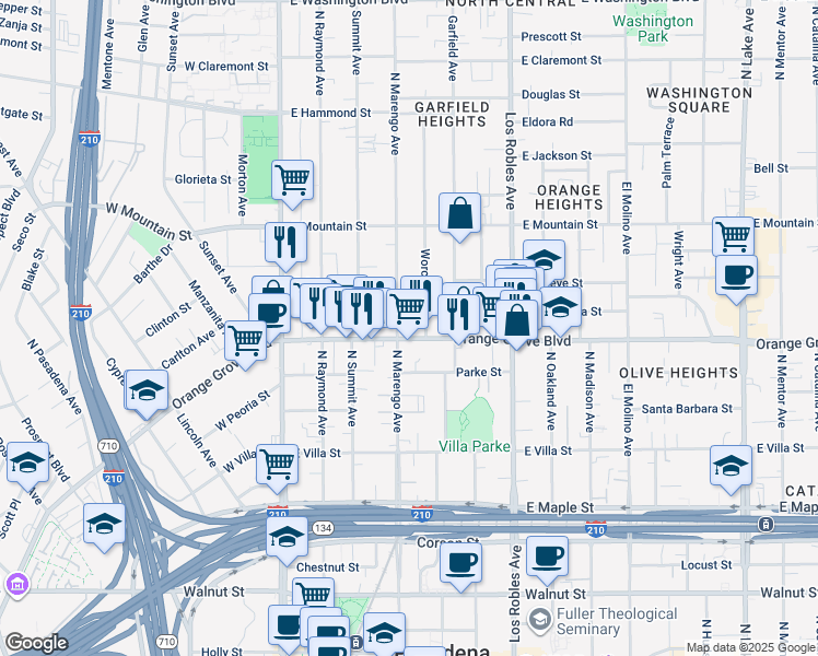 map of restaurants, bars, coffee shops, grocery stores, and more near in Pasadena