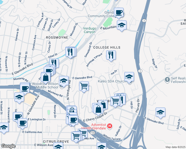 map of restaurants, bars, coffee shops, grocery stores, and more near 1439 East Glenoaks Boulevard in Glendale