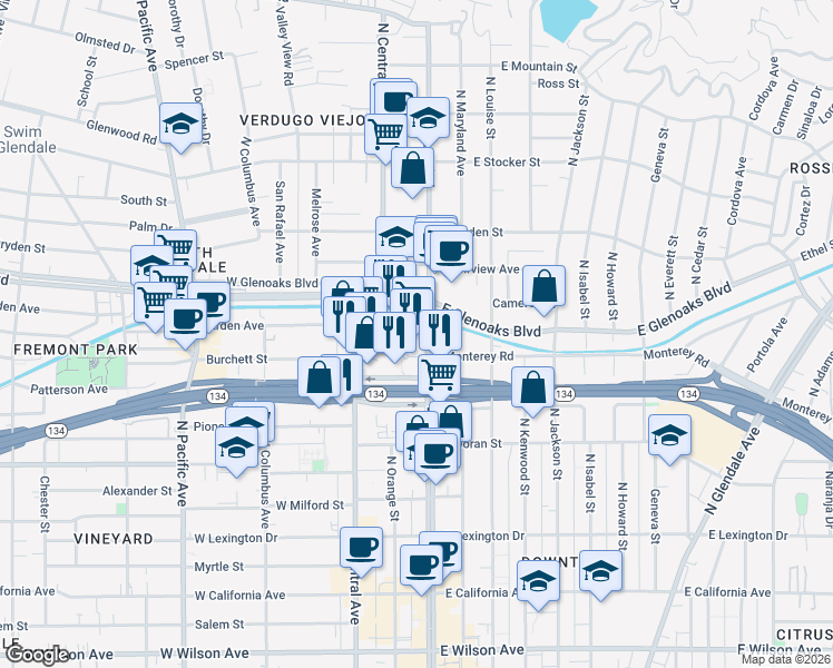 map of restaurants, bars, coffee shops, grocery stores, and more near 801 North Brand Boulevard in Glendale