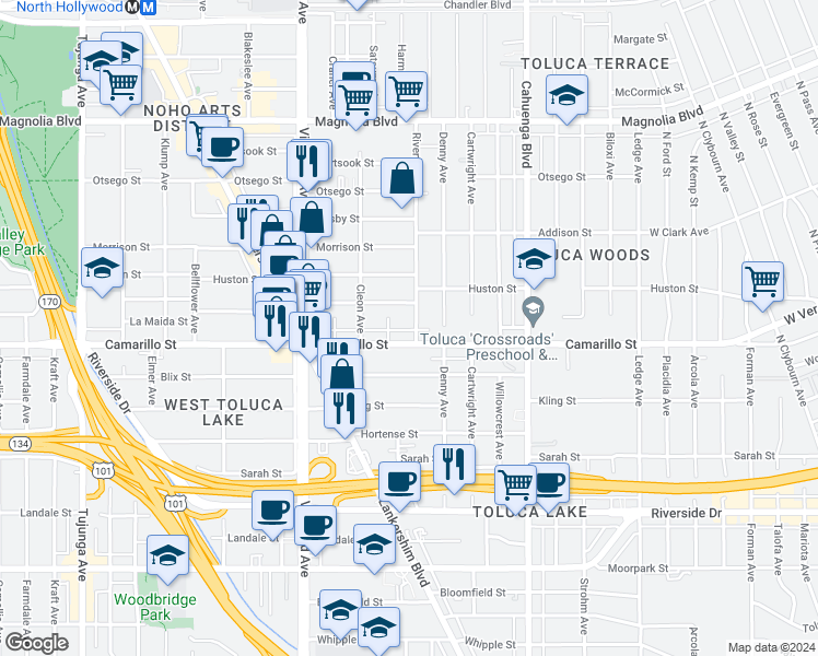 map of restaurants, bars, coffee shops, grocery stores, and more near 10815 Camarillo Street in Los Angeles