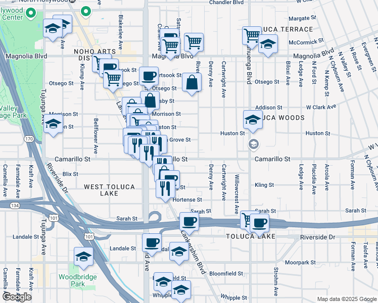 map of restaurants, bars, coffee shops, grocery stores, and more near 10815 Camarillo Street in Los Angeles