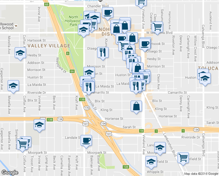 map of restaurants, bars, coffee shops, grocery stores, and more near 4810 Klump Avenue in Los Angeles