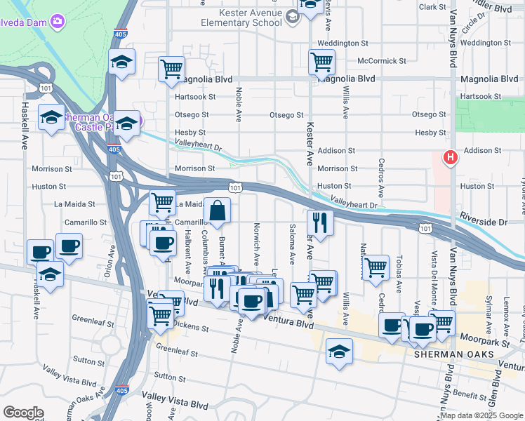 map of restaurants, bars, coffee shops, grocery stores, and more near 4815 Norwich Avenue in Los Angeles