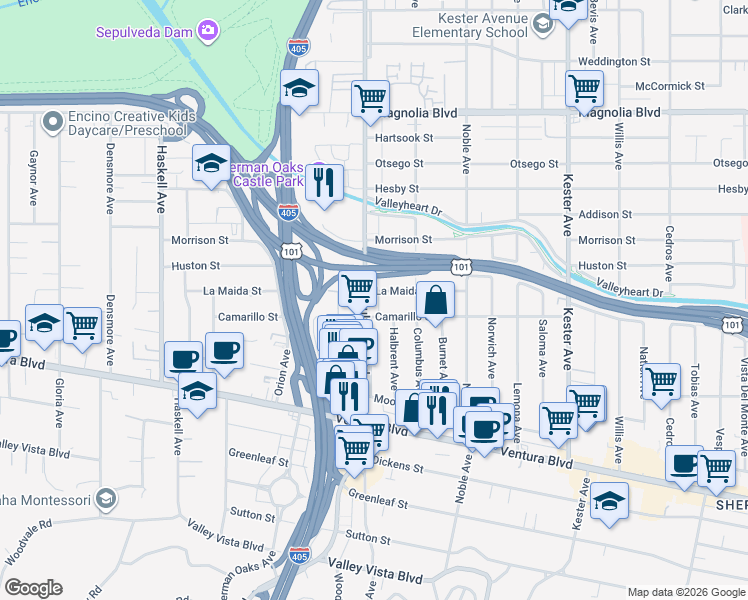 map of restaurants, bars, coffee shops, grocery stores, and more near 15243 Camarillo Street in Los Angeles